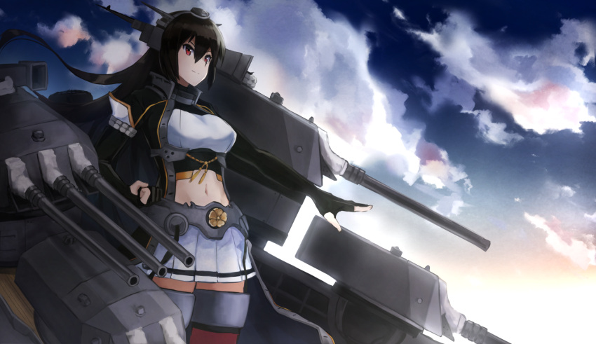 1girl black_coat black_gloves black_hair breasts elbow_gloves garter_straps gloves hair_between_eyes headgear kantai_collection large_breasts light_smile long_coat long_hair machinery midriff nagato_(kantai_collection) navel partly_fingerless_gloves pleated_skirt red_eyes remodel_(kantai_collection) skirt solo thigh-highs turret weasel_(close-to-the-edge) white_skirt