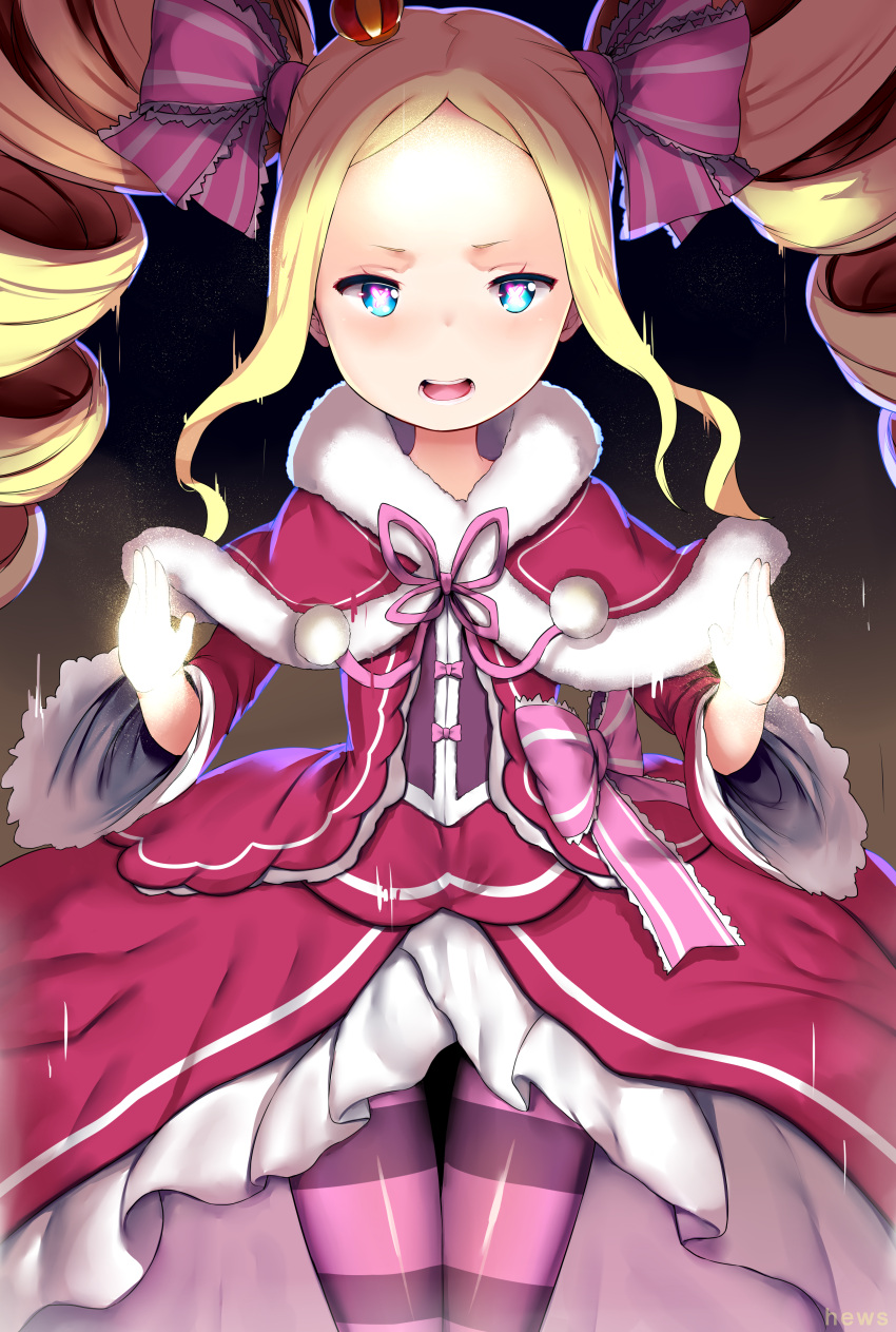 1girl absurdres artist_name beatrice_(re:zero) blonde_hair blue_eyes bow brown_background butterfly-shaped_pupils capelet colored_stripes cowboy_shot crown digital_dissolve dress drill_hair fur-trimmed_capelet fur_trim gloves hair_bow hands_up hews_hack highres horizontal-striped_legwear horizontal_stripes huge_filesize legs_together looking_at_viewer mini_crown open_mouth pantyhose patreon_reward pink_bow pink_dress pom_pom_(clothes) re:zero_kara_hajimeru_isekai_seikatsu red_capelet revision sidelocks simple_background solo standing striped striped_legwear symbol-shaped_pupils twin_drills twintails white_gloves