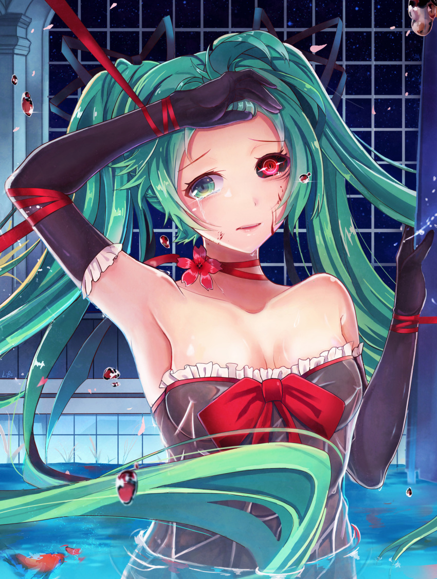 1girl arm_up armpits black_sclera blood elbow_gloves fish gloves green_eyes green_hair hair_ribbon hatsune_miku heterochromia highres l.bou long_hair mismatched_sclera parted_lips partially_submerged red_eyes revision ribbon solo tears twintails very_long_hair vocaloid water wet