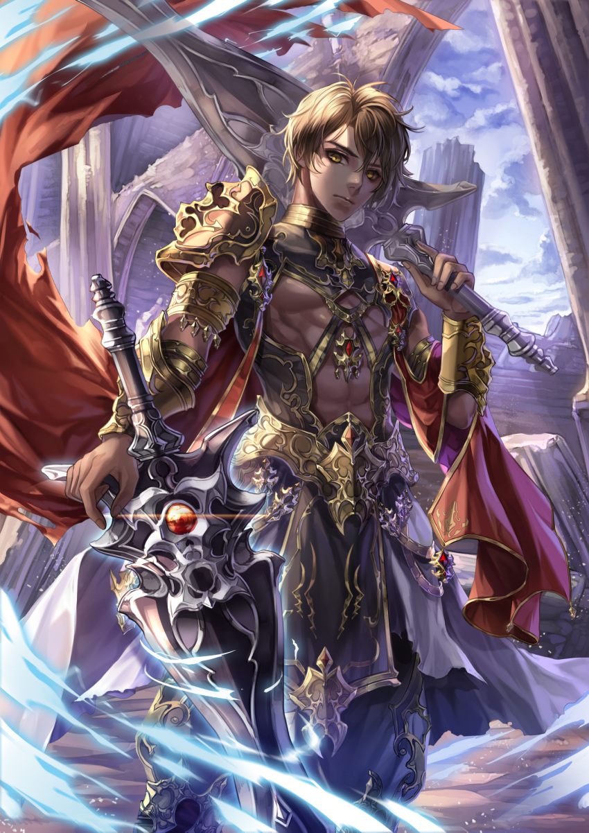 1boy armor blue_sky bracer brown_eyes brown_hair day fantasy gleam highres male_focus muscle original outdoors over_shoulder ruins shente_(sharkpunk) sky solo standing sword weapon