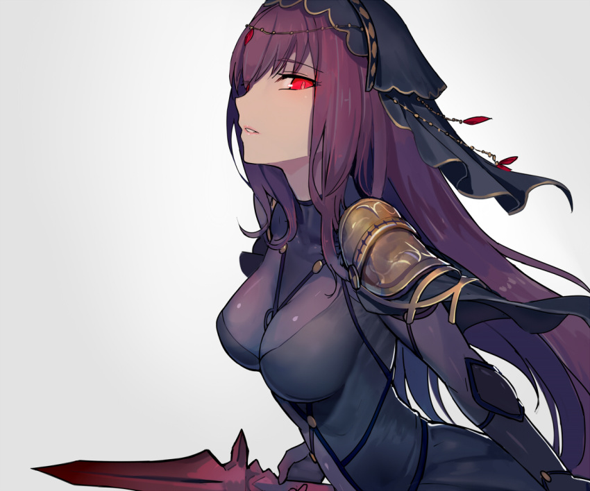 1girl armor bangs bodysuit breasts brown_hair fate/grand_order fate_(series) from_side headdress holding holding_weapon large_breasts long_hair looking_at_viewer parted_bangs parted_lips polearm purple_bodysuit red_eyes scathach_(fate/grand_order) shoulder_armor sketch slit_pupils solo spear upper_body walzrj weapon white_background