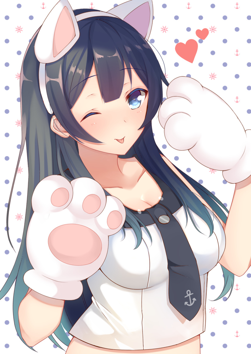 1girl agano_(kantai_collection) animal_ears aozora_nan black_hair black_necktie blue_eyes breasts cat_ears cat_paws collarbone fake_animal_ears heart highres kantai_collection long_hair medium_breasts midriff necktie one_eye_closed paws polka_dot polka_dot_background school_uniform serafuku smile solo tongue tongue_out