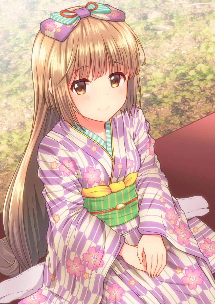 1girl absurdres bangs blush bow brown_eyes cherry_blossom_print commentary_request eyebrows_visible_through_hair floral_print green_bow hair_bow hands_on_lap highres idolmaster idolmaster_cinderella_girls japanese_clothes keffiy kimono light_brown_hair long_hair looking_at_viewer looking_to_the_side purple_bow purple_kimono sash sitting smile solo very_long_hair wide_sleeves yorita_yoshino