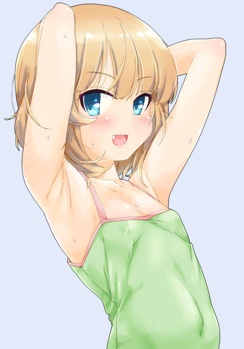 1girl armpits bangs blonde_hair blue_background blue_eyes camisole casual commentary_request erect_nipples eyebrows_visible_through_hair fang flat_chest girls_und_panzer green_shirt highres itou_ayachi katyusha looking_at_viewer open_mouth shirt short_hair smile solo spaghetti_strap standing sweat