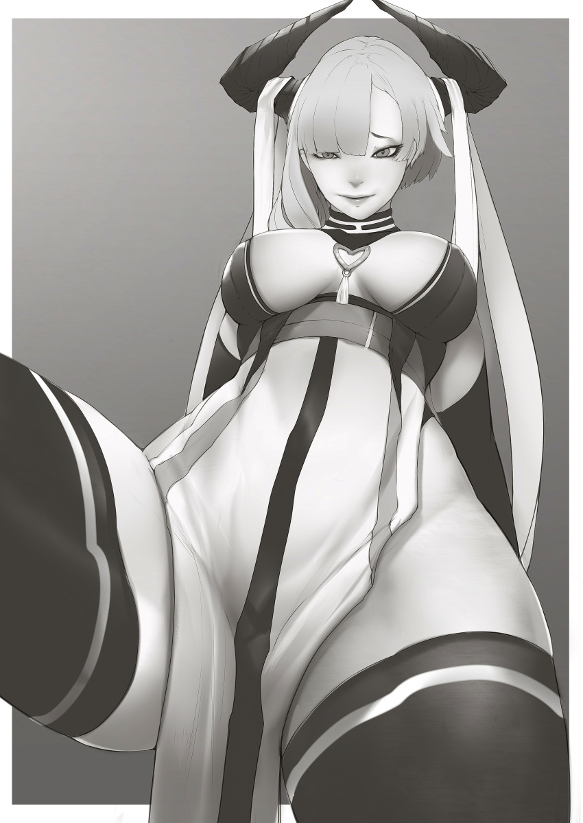 1girl absurdres arm_support between_breasts demon_girl elbow_gloves foreshortening gloves greyscale hair_over_one_eye highres horns lips long_hair milk-doll monochrome original sitting smile solo thigh-highs