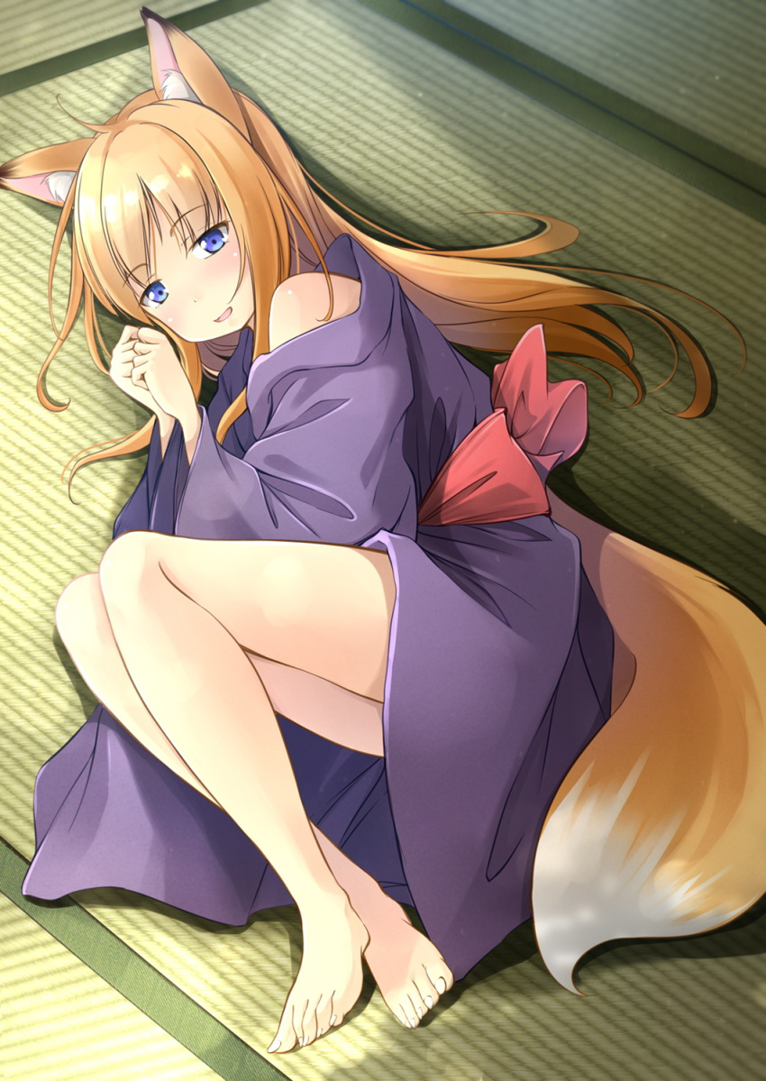 1girl animal_ears bangs bare_legs barefoot blonde_hair blue_eyes blush commentary_request day eyebrows_visible_through_hair fox_ears fox_tail from_above full_body hands_together highres indoors japanese_clothes kimono long_hair long_sleeves looking_at_viewer lying naughty_face obi off_shoulder on_side open_mouth original parted_bangs purple_kimono sash shibacha_(shibacha_0728) sidelocks smile solo tail tatami toes wide_sleeves yukata