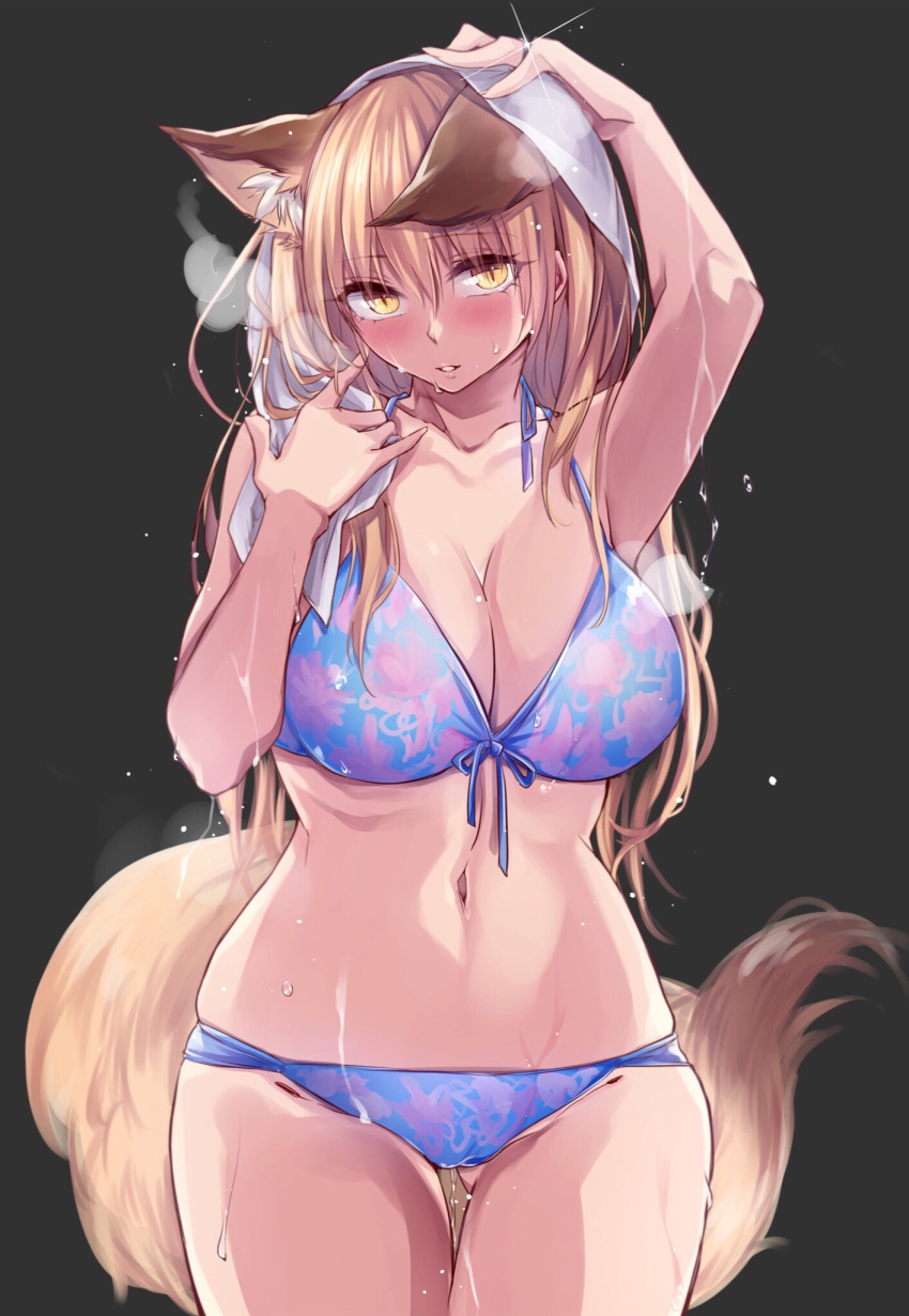 1girl animal_ears bikini black_background blonde_hair blue_bikini blush breasts cleavage collarbone commentary_request cowboy_shot curvy drying_hair eyebrows_visible_through_hair eyes_visible_through_hair floral_print fox_ears fox_girl fox_tail front-tie_top gluteal_fold halter_top halterneck highres jewelry large_breasts long_hair looking_at_viewer navel original parted_lips ring skindentation slit_pupils solo standing steam swimsuit tail thighs water wedding_ring wet wet_clothes wide_hips yellow_eyes yukibuster