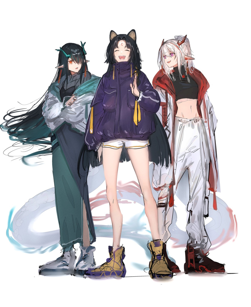 3girls :d alternate_costume animal_ears ankle_boots arknights bangs bare_legs black_dress black_footwear black_hair black_shirt blush boots braid casual closed_eyes coat crop_top dog_ears dragon_girl dragon_horns dragon_tail dress dusk_(arknights) earrings eyebrows_visible_through_hair eyes_visible_through_hair facial_mark facing_viewer forehead_mark full_body gradient_hair green_hair hair_between_eyes hair_over_one_eye highres horns jewelry layered_dress long_hair long_sleeves looking_at_another looking_to_the_side midriff multicolored_hair multiple_girls nanaponi navel nian_(arknights) off_shoulder open_clothes open_coat open_mouth pants parted_bangs pointy_ears ponytail purple_coat red_eyes saga_(arknights) shirt short_shorts shorts siblings side_braid silver_hair simple_background sisters smile standing stomach straight_hair symbol-only_commentary tail teeth upper_teeth v-shaped_eyebrows very_long_hair violet_eyes white_background white_coat white_footwear white_pants white_shorts yellow_footwear