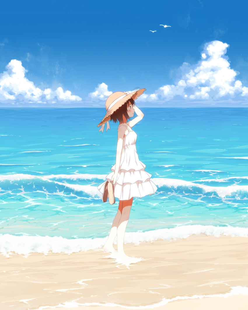 1girl barefoot beach bird blue_sky blush brown_eyes brown_hair clouds day dress from_side hand_on_headwear hat hat_ribbon highres holding holding_shoes horizon looking_afar nekoze_(chatte_secca) ocean original outdoors pale_skin profile ribbon sandals shoes short_hair sky sleeveless sleeveless_dress solo standing sun_hat sundress wading water waves white_dress