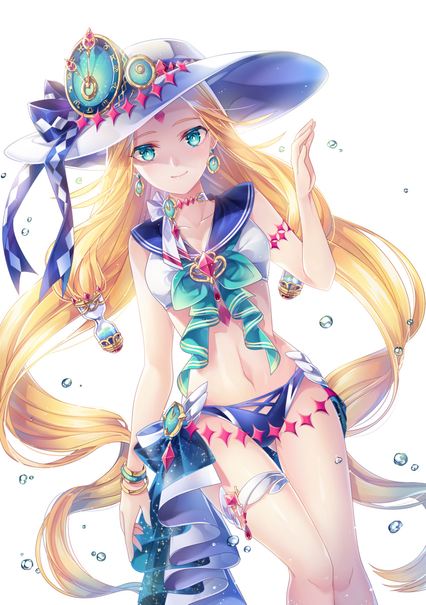1girl absurdres bikini blonde_hair blue_eyes bracelet choker clock earrings facial_mark forehead_mark gem hat hat_ornament highres hourglass jewelry long_hair looking_at_viewer moriarty_(sid_story) navel sailor_bikini sailor_collar sid_story sliverbin smile solo summer swimsuit thigh_gap thigh_strap transparent_background very_long_hair water water_drop