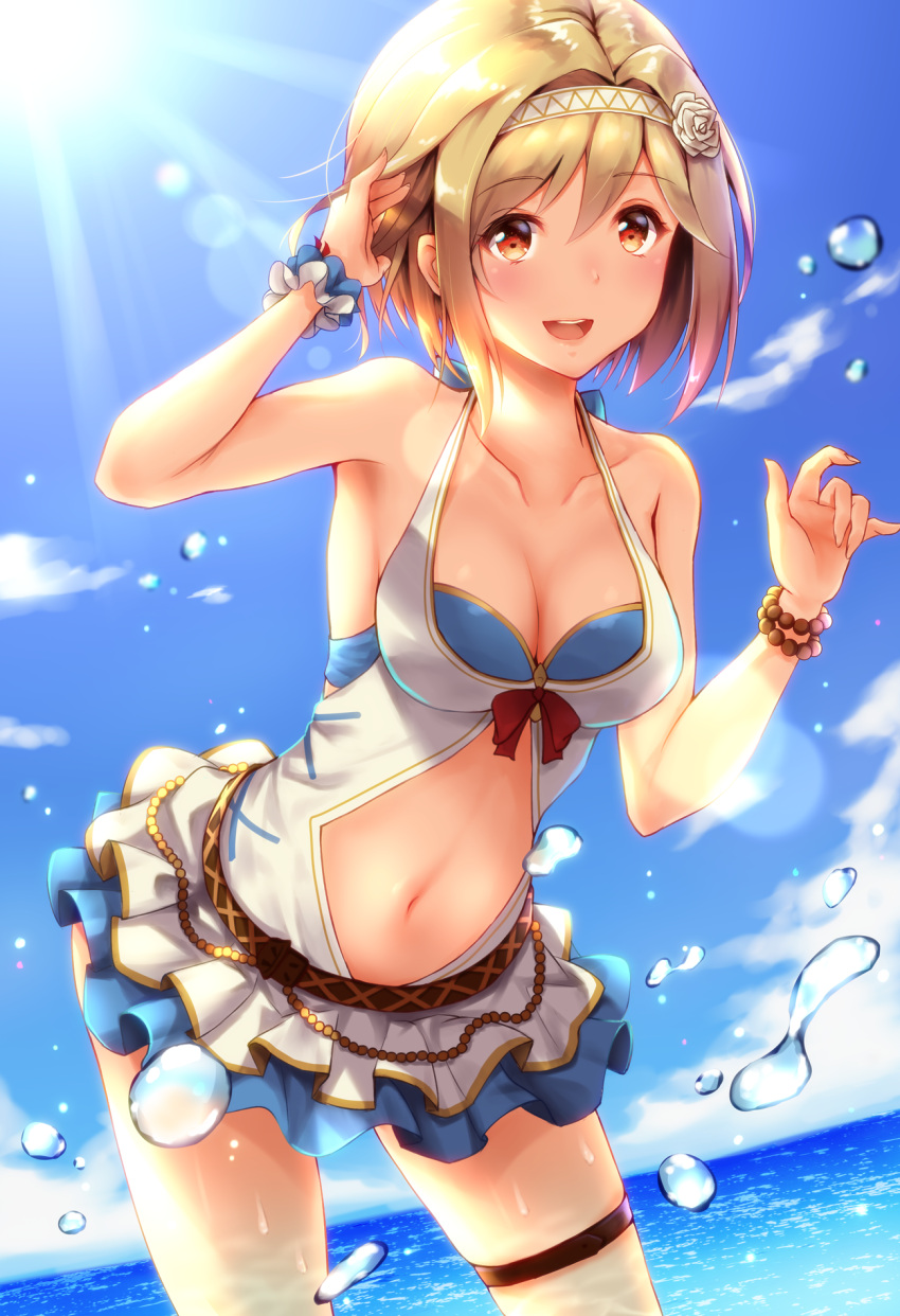 1girl alternate_costume armpits bare_shoulders blonde_hair blush breasts brown_eyes cleavage clouds day djeeta_(granblue_fantasy) frilled_skirt frills granblue_fantasy hairband highres light_particles lips looking_at_viewer medium_breasts miniskirt navel navel_cutout one-piece_swimsuit open_mouth outdoors short_hair skirt sunlight swimsuit thighs toki_(toki_ship8) water