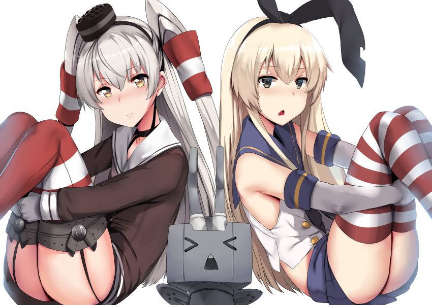 2girls :o absurdres amatsukaze_(kantai_collection) anchor_hair_ornament bangs bare_shoulders black_hairband black_hat black_neckerchief black_ribbon blonde_hair blue_eyes blue_sailor_collar blue_skirt brown_dress chestnut_mouth closed_mouth collarbone double-breasted dress elbow_gloves eyebrows_visible_through_hair garter_straps gloves hair_between_eyes hair_ornament hair_tubes hairband hands_on_thighs hat headgear highres huge_filesize jitome kantai_collection knees_up long_hair long_sleeves looking_at_viewer machinery ming_(torga) mini_hat miniskirt neckerchief open_mouth pleated_skirt rensouhou-chan ribbon sailor_collar sailor_dress school_uniform serafuku shimakaze_(kantai_collection) shirt simple_background sitting skirt sleeveless sleeveless_shirt striped striped_legwear thigh-highs turret white_background white_gloves white_shirt