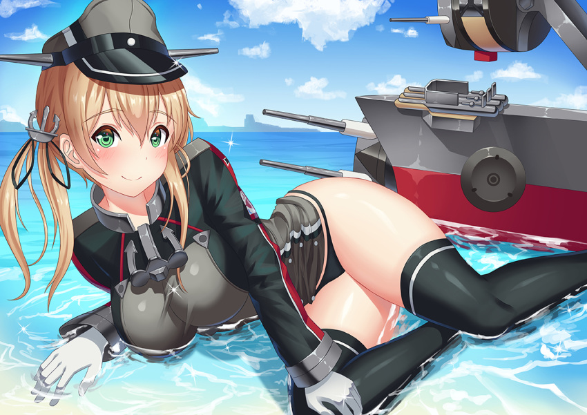 1girl anchor_hair_ornament aqua_eyes black_panties blonde_hair breasts gloves hair_ornament hat iron_cross kantai_collection large_breasts long_hair low_twintails military military_hat military_uniform panties peaked_cap prinz_eugen_(kantai_collection) smile solo tako_seijin twintails underwear uniform water white_gloves