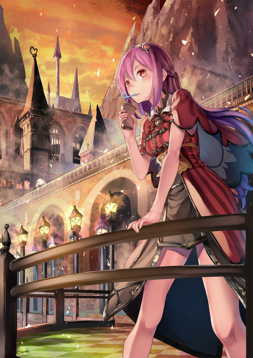 1girl arm_support armor armored_dress bow bridge building capelet checkered checkered_floor city clouds cup drinking drinking_straw fantasy from_below hairband heart highres lamppost leaning_forward light_particles long_hair mountain original railing saraki signature skirt sky solo twilight
