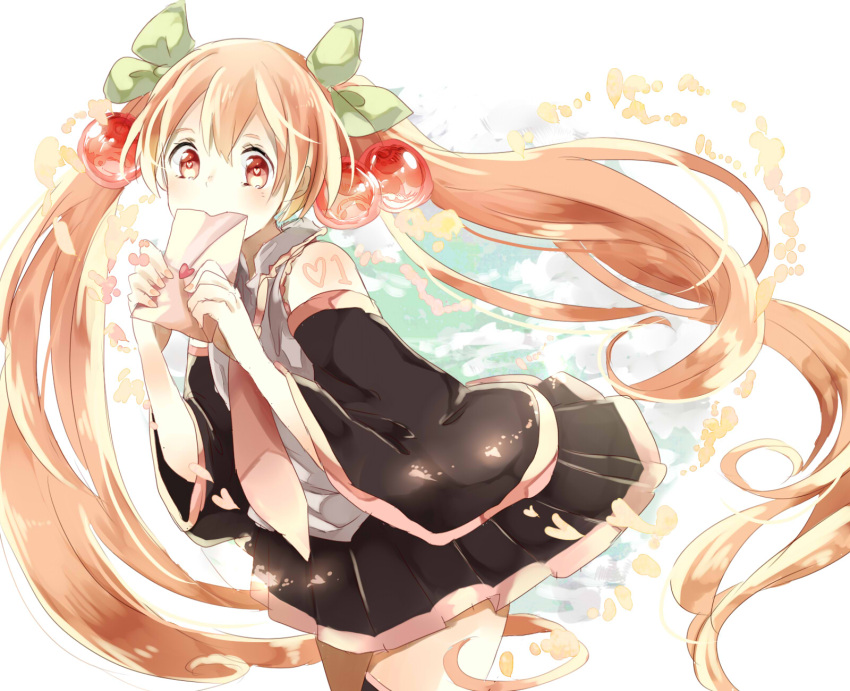 1girl absurdly_long_hair black_legwear black_skirt bow brown_eyes brown_hair covering_mouth cowboy_shot detached_sleeves floating_hair green_bow grey_shirt hair_bow hair_ornament hatsune_miku heart heart-shaped_pupils highres leaning_forward letter long_hair looking_at_viewer miniskirt nanaponi necktie pink_necktie pleated_skirt sakura_miku shirt simple_background skirt sleeveless solo standing symbol-shaped_pupils thigh-highs twintails very_long_hair vocaloid white_background