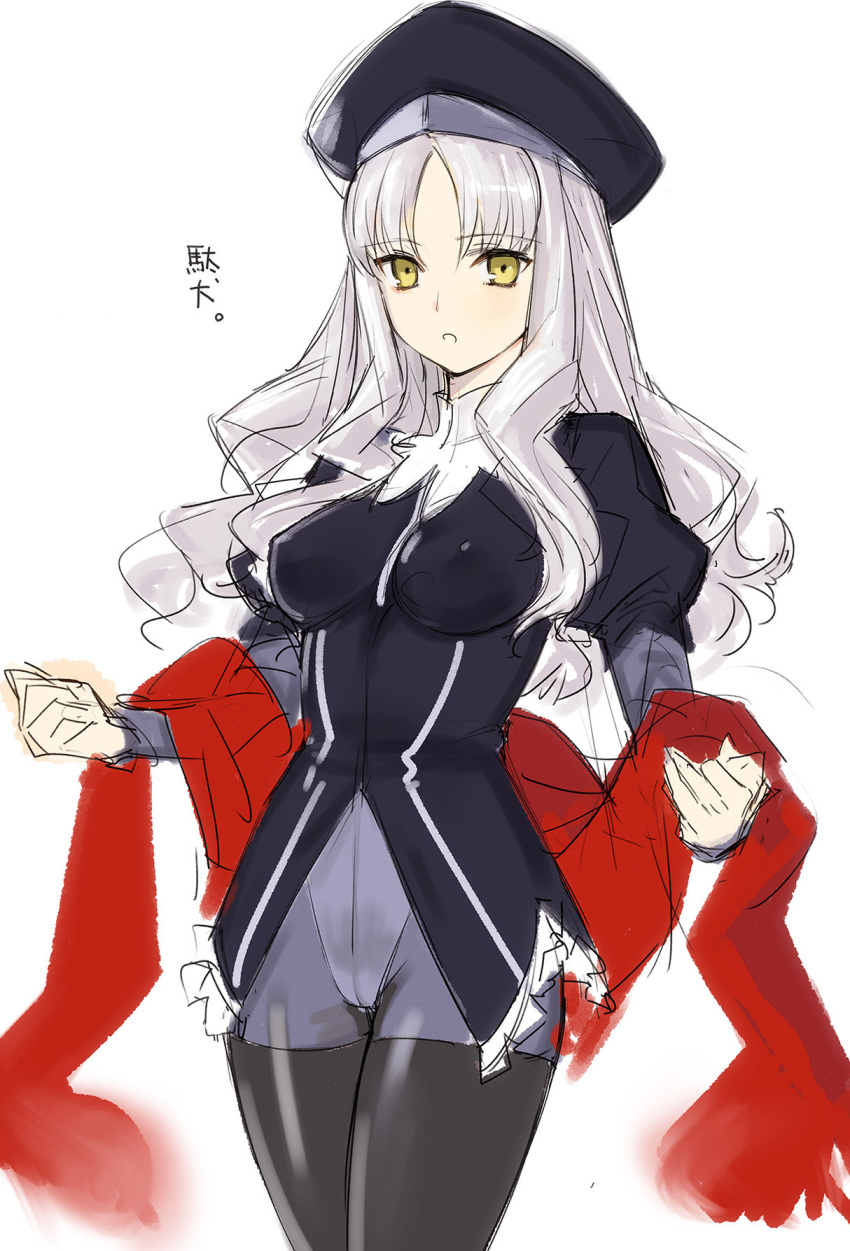 1girl bangs black_legwear breasts caren_hortensia cowboy_shot erect_nipples eyebrows_visible_through_hair fate/hollow_ataraxia fate_(series) gloves grey_legwear hat highres jacket juliet_sleeves long_hair long_sleeves looking_at_viewer medium_breasts pantyhose parted_lips puffy_sleeves purple_jacket purple_legwear red_scarf scarf silver_hair sketch solo standing tetsu_(kimuchi) thigh-highs translation_request white_background white_gloves yellow_eyes