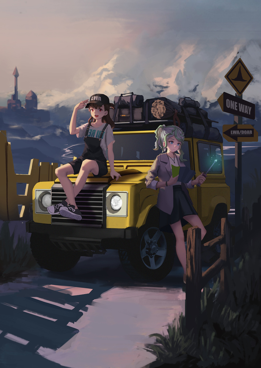 2girls alternate_hairstyle black_skirt blue_eyes blush car closed_mouth doren green_hair ground_vehicle highres holding holding_wand jewelry kagari_atsuko little_witch_academia looking_at_viewer looking_away motor_vehicle multiple_girls necklace overalls parted_lips red_eyes road road_sign short_hair short_ponytail sign sitting skirt smile wand