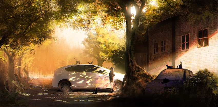 1girl backlighting black_cat blurry building bush car cat commentary dappled_sunlight depth_of_field faux_traditional_media ground_vehicle hand_in_pocket looking_down motor_vehicle muted_color original outdoors scenery shade sketch solo sunlight tree volvox819