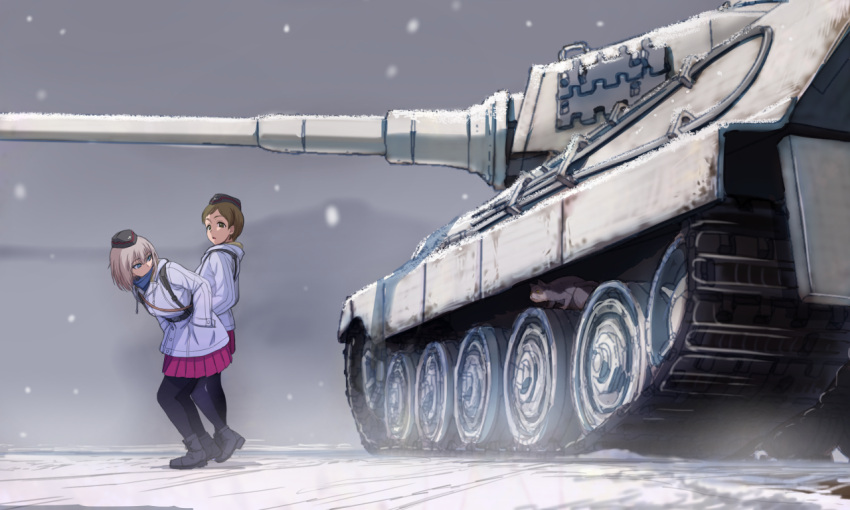 2girls ankle_boots bangs black_boots black_hat black_legwear blue_eye boots brown_eyes brown_hair commentary_request garrison_cap girls_und_panzer ground_vehicle hands_in_pockets hat itsumi_erika kuromorimine_military_uniform kyata long_hair looking_at_viewer looking_back military military_hat military_uniform military_vehicle miniskirt motor_vehicle multiple_girls outdoors pantyhose pleated_skirt red_skirt ritaiko_(girls_und_panzer) short_hair silver_hair skirt snow standing tactical_clothes tank tiger_ii uniform white_coat winter_clothes