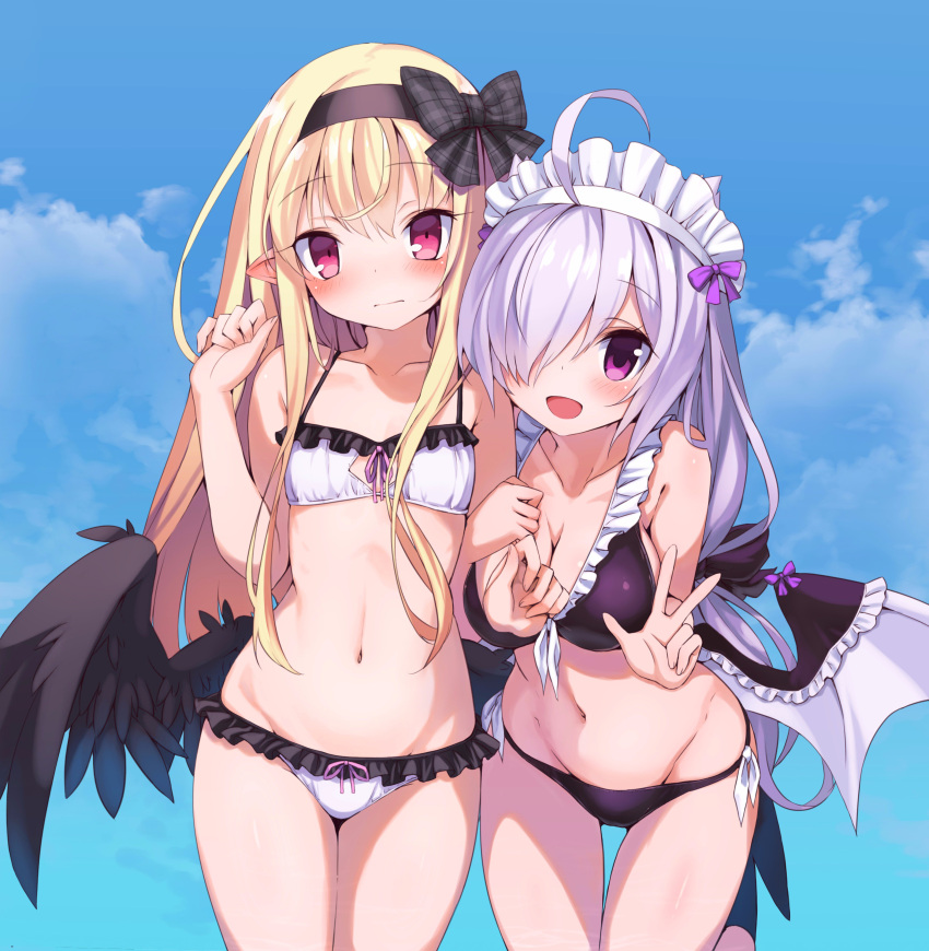 2girls :d absurdres ahoge arm_hug armadillon barefoot bikini black_bikini black_wings blonde_hair blue_sky blush bow breasts copyright_request cowboy_shot day eyebrows_visible_through_hair flat_chest frill_trim front-tie_bikini front-tie_top hair_bow hair_over_one_eye hair_ribbon highres lavender_hair long_hair looking_at_viewer low_wings maid_headdress medium_breasts multiple_girls navel open_mouth outdoors pink_eyes plaid pointy_ears ribbon side-tie_bikini sidelocks sky smile standing standing_on_one_leg swimsuit violet_eyes w white_bikini wings