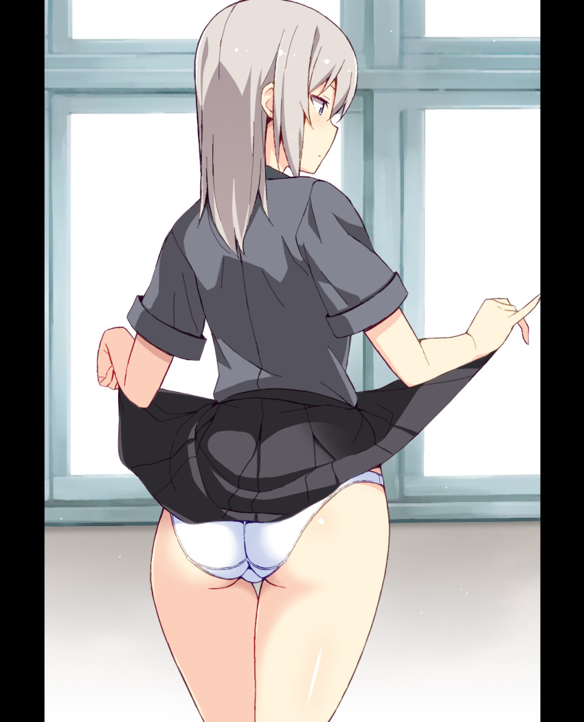 1girl ass astroguy2 bangs black_skirt blue_eyes closed_mouth cowboy_shot crotch_seam day dress_shirt from_behind girls_und_panzer grey_shirt highres indoors itsumi_erika kuromorimine_school_uniform lifted_by_self long_sleeves miniskirt panties pinky_out pleated_skirt school_uniform shirt short_hair silver_hair skirt skirt_lift solo standing thigh_gap trefoil underwear white_panties window