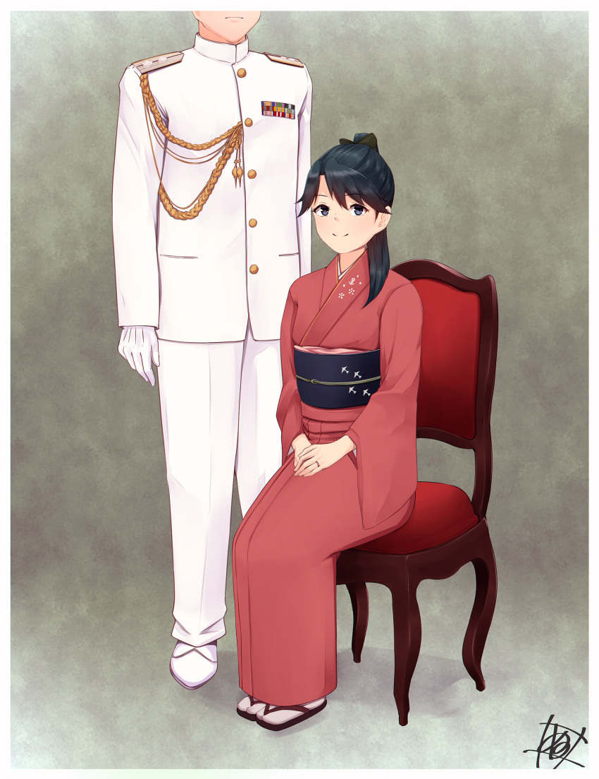 1boy 1girl admiral_(kancolle) alternate_costume anchor_print black_hair blue_eyes chair highres houshou_(kancolle) japanese_clothes jewelry kantai_collection kimono long_hair long_sleeves military military_uniform naval_uniform obi pants pink_kimono ponytail ring sash sitting solo_focus tabi tadokoro_nurikabe uniform wedding_band white_legwear white_pants wide_sleeves zouri