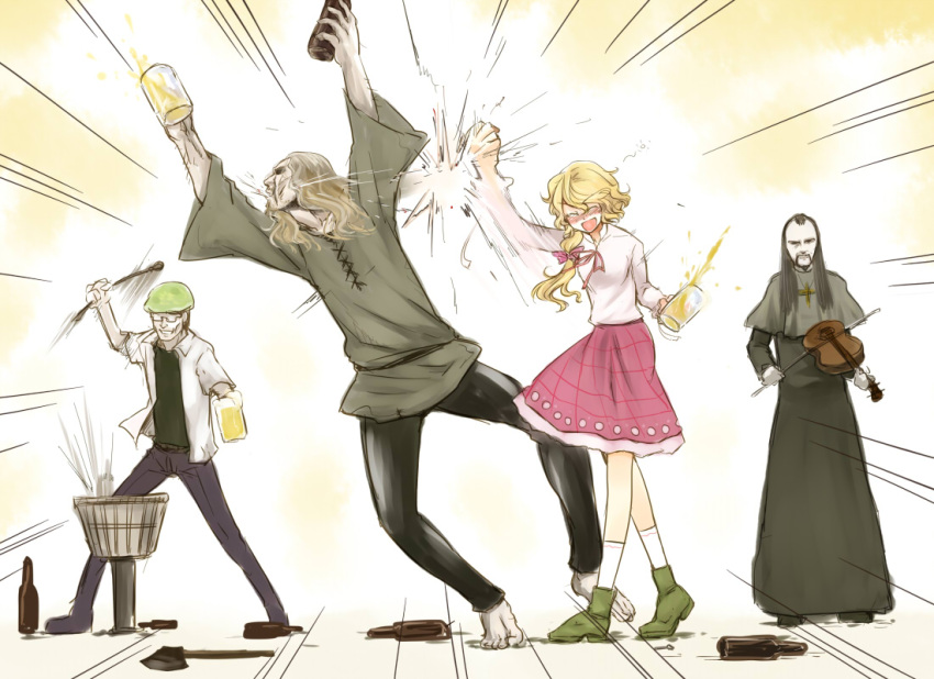 1girl 3boys alcohol axe beer beer_bottle beer_mug beerko blonde_hair boots bottle cassock cross dra drunk footwear glasses hair_ribbon hat instrument korpiklaani lace long_hair multiple_boys original parody priest_clothes punching ribbon short_hair skirt socks violin weapon zun