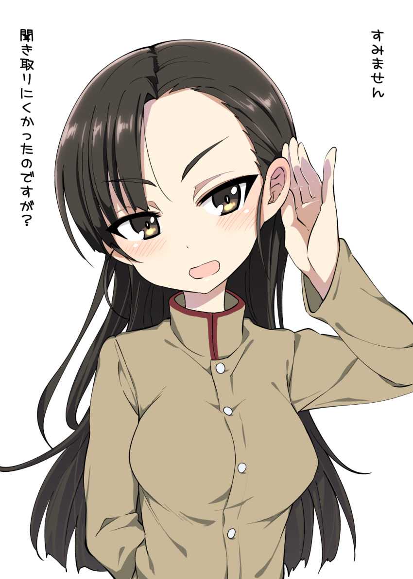1girl arm_behind_back asymmetrical_bangs bangs brown_eyes brown_hair brown_jacket commentary_request girls_und_panzer highres long_hair long_sleeves looking_at_viewer miyao_ryuu nishi_kinuyo open_mouth school_uniform simple_background smile solo standing translated upper_body white_background