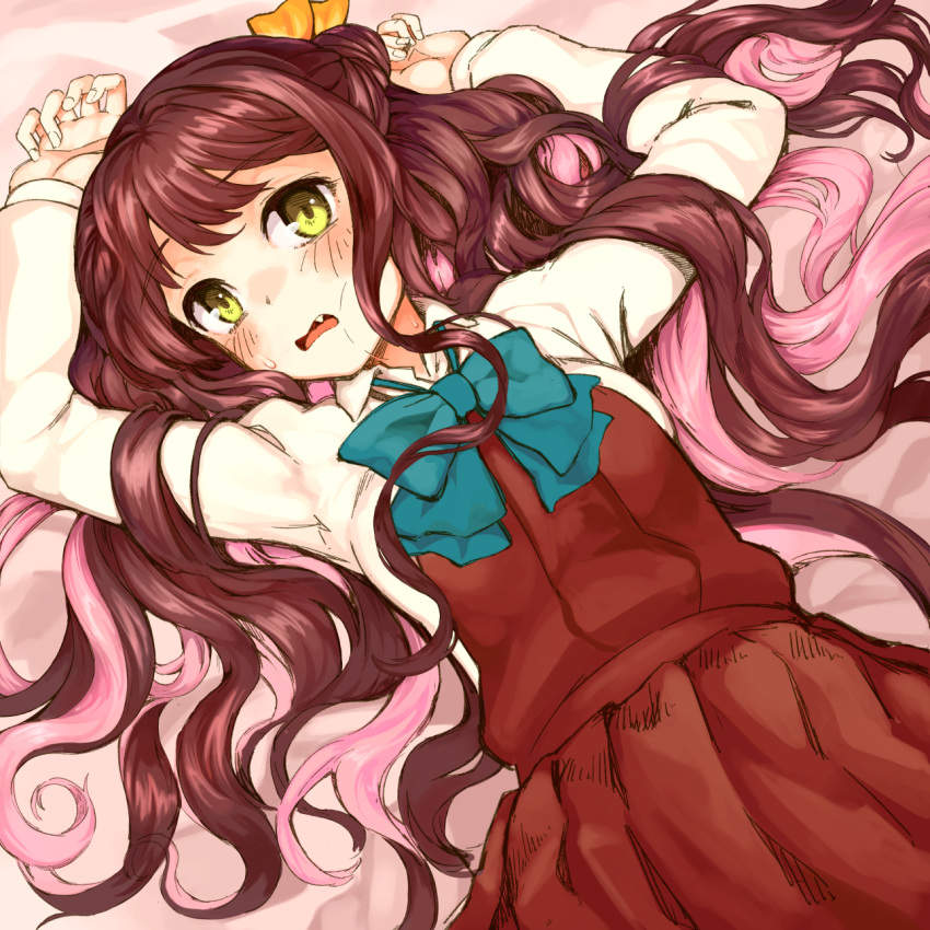 1girl arms_up blue_bow blue_eyes blush bow brown_hair fang from_above hair_bow hair_spread_out hatomugi_seika highres kantai_collection long_hair looking_at_viewer lying multicolored_hair naganami_(kantai_collection) on_back on_bed pink_hair skirt solo two-tone_hair very_long_hair vest wavy_hair yellow_bow yellow_eyes