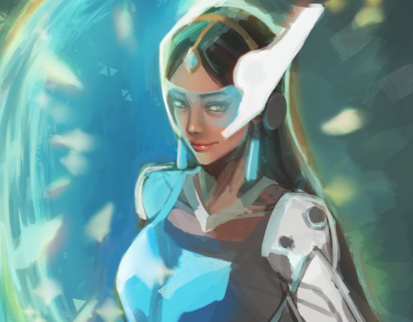 1girl asboothig black_hair blue_background blue_dress breasts brown_eyes dark_skin dress earrings forehead_jewel green_background headgear jewelry light_smile lips long_hair looking_at_viewer mechanical_arm medium_breasts nose overwatch red_lips sketch solo symmetra_(overwatch) upper_body visor