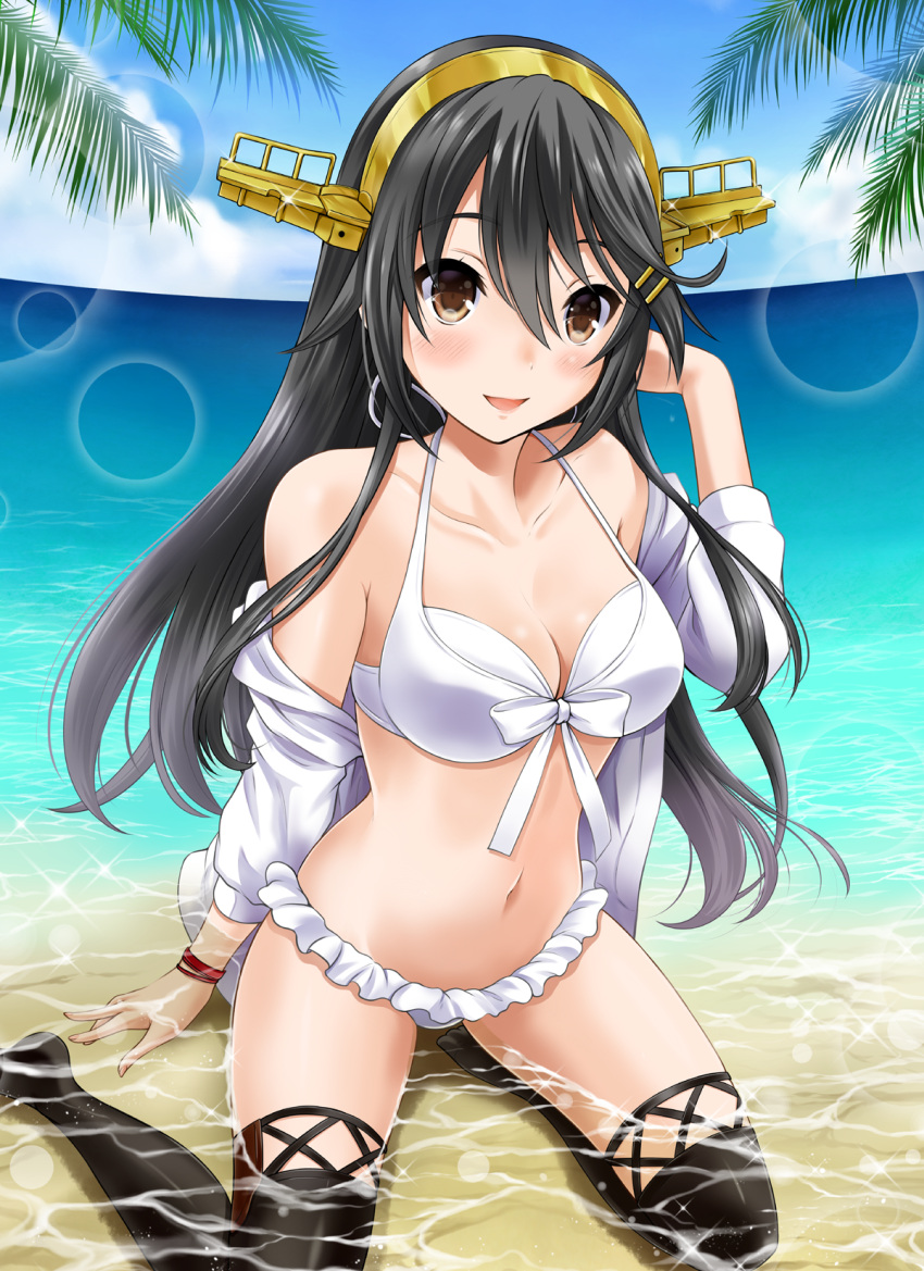 1girl alternate_costume arm_support beach bikini black_hair black_legwear blush breasts brown_eyes cleavage clothes_down clouds collarbone day front-tie_bikini front-tie_top hair_between_eyes hairband haruna_(kantai_collection) headgear highres kantai_collection light_particles long_hair looking_at_viewer medium_breasts midriff navel neko_danshaku ocean open_mouth outdoors palm_leaf palm_tree partially_submerged sand sitting sky smile solo swimsuit thigh-highs thighs tree water white_bikini