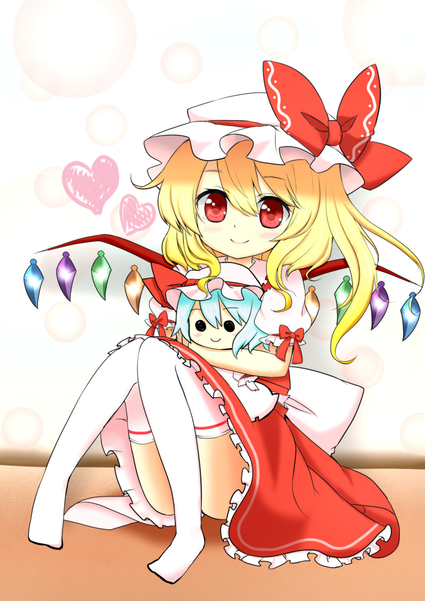 ._. 1girl blonde_hair blue_hair blush bow character_doll commentary_request eyebrows_visible_through_hair flandre_scarlet frilled_skirt frills full_body hat hat_bow heart highres holding_doll lem_r_scarlet looking_at_viewer mob_cap no_shoes puffy_short_sleeves puffy_sleeves red_eyes remilia_scarlet short_hair short_sleeves siblings side_ponytail sisters sitting skirt skirt_set smile thigh-highs touhou white_legwear