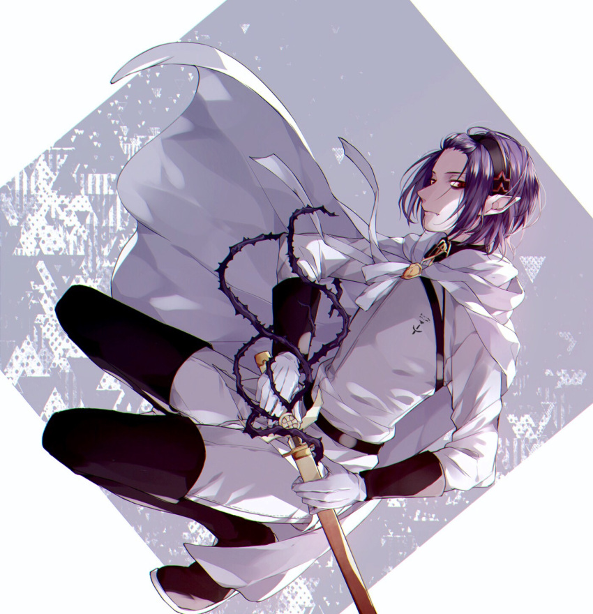 1boy black_hair boots cape fang gloves hairband hanasato_(okashino) highres male_focus owari_no_seraph red_eyes rene_simm simple_background solo sword thorns weapon white_background