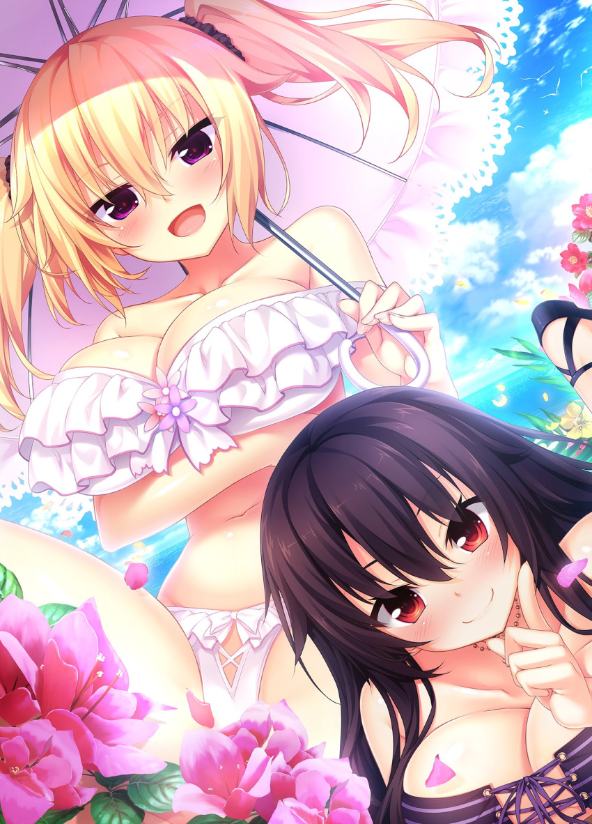 2girls :d animal bangs bare_arms bare_legs bare_shoulders bikini bird black_hair blonde_hair blue_sky blush bow bow_bikini breast_hold breasts brown_eyes cleavage clouds cloudy_sky collarbone day eyebrows_visible_through_hair flower flying frilled_bikini frills front-tie_bikini front-tie_top hair_between_eyes highres holding holding_umbrella horizon jewelry kuroki_michi large_breasts leaf long_hair looking_at_viewer lying midriff multiple_girls navel necklace nora_to_oujo_to_noraneko_heart ocean on_stomach one_leg_raised oozora_itsuki open_mouth outdoors parasol patricia_of_end petals pink_flower purple_bikini seagull short_hair sitting sky smile stomach strapless strapless_bikini swimsuit twintails umbrella violet_eyes water white_bikini white_bow yellow_flower