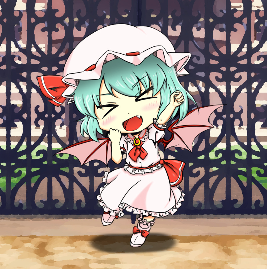 &gt;:d &gt;_&lt; :d arm_up ascot bat_wings blue_hair blush bow chibi clenched_hands closed_eyes clouds commentary_request eyebrows_visible_through_hair fang frilled_shirt frilled_skirt frills full_body gate hat hat_bow highres lem_r_scarlet looking_at_viewer mob_cap open_mouth outdoors puffy_short_sleeves puffy_sleeves remilia_scarlet scarlet_devil_mansion shirt shoes short_hair short_sleeves skirt skirt_set smile standing standing_on_one_leg touhou wings xd