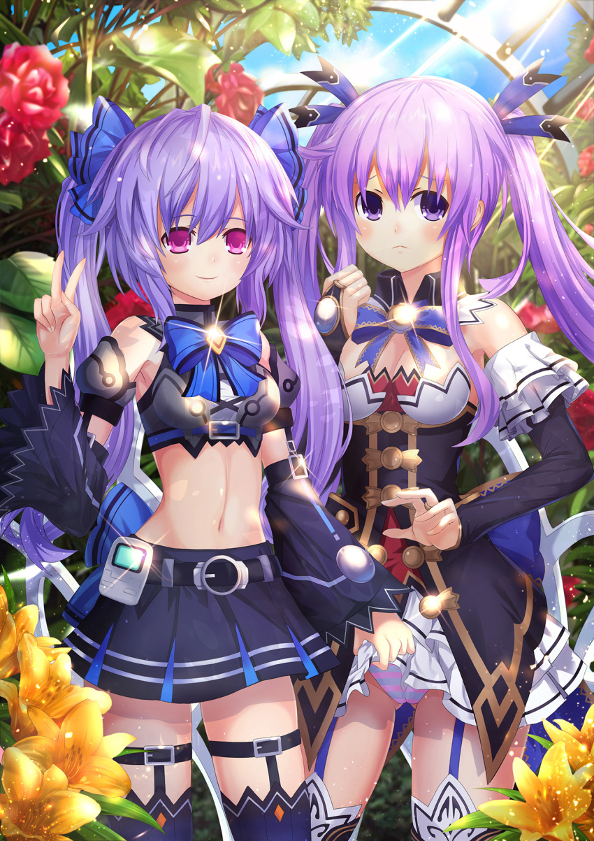 2girls assisted_exposure bare_shoulders beluga_dolphin blush breasts cleavage cosplay detached_collar garter_straps hair_ornament hair_ribbon highres large_breasts long_hair looking_at_viewer multiple_girls navel nepgear neptune_(series) noire noire_(cosplay) panties pantyshot pleated_skirt purple_hair pururut red_eyes revision ribbon skirt smile striped striped_panties thigh-highs twintails underwear v very_long_hair violet_eyes