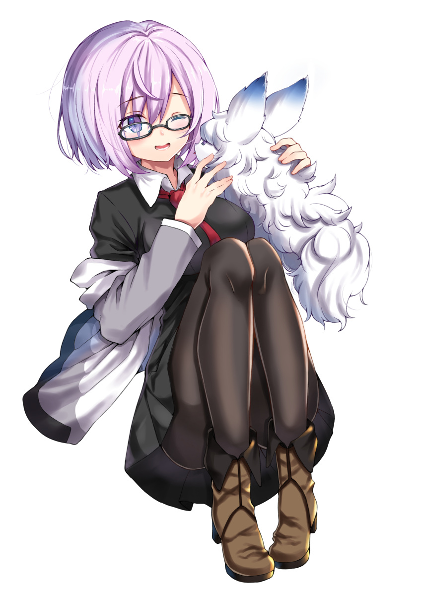 1girl absurdres black_legwear black_skirt blush boots breasts brown_boots eyebrows_visible_through_hair fate_(series) fou_(fate/grand_order) glasses high_heel_boots high_heels highres joker_(tomakin524) large_breasts looking_at_another necktie one_eye_closed pantyhose parted_lips pink_hair red_necktie shielder_(fate/grand_order) short_hair sitting skirt smile violet_eyes