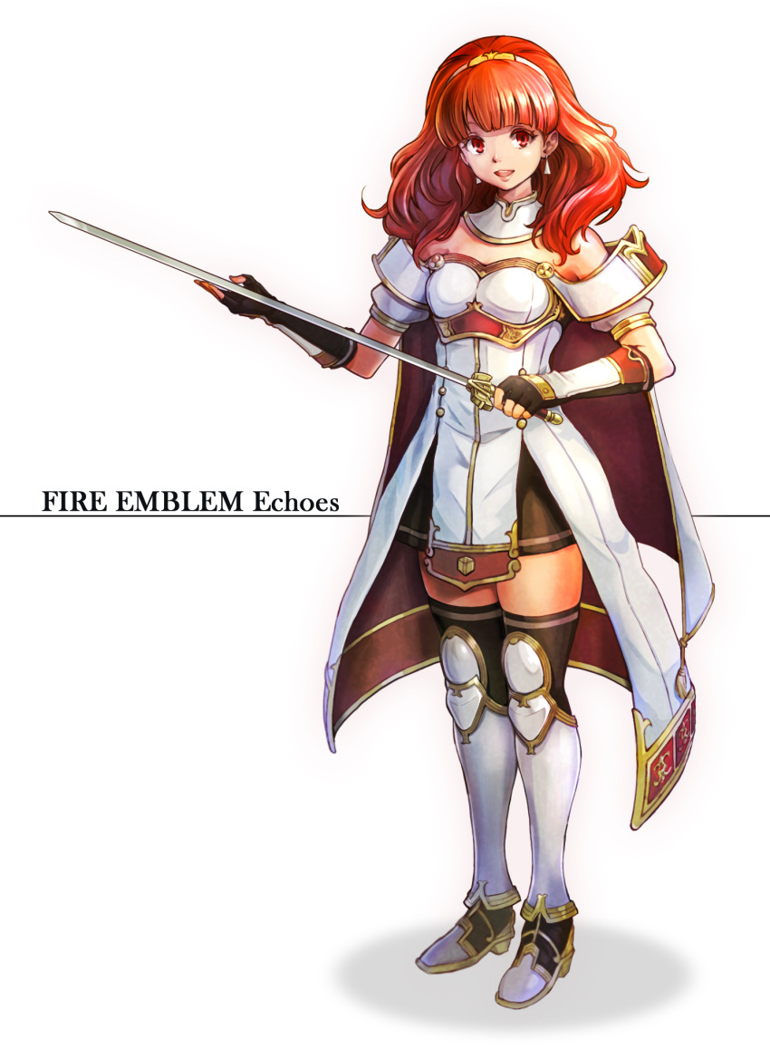 1girl arm_guards armor bangs black_legwear breastplate cape celica_(fire_emblem) detached_collar dress earrings fingerless_gloves fire_emblem fire_emblem_echoes:_mou_hitori_no_eiyuuou fire_emblem_heroes full_body gloves hair_ornament highres jewelry long_hair looking_at_viewer red_eyes redhead revision simple_background solo sword thigh-highs tiara umipro weapon zettai_ryouiki