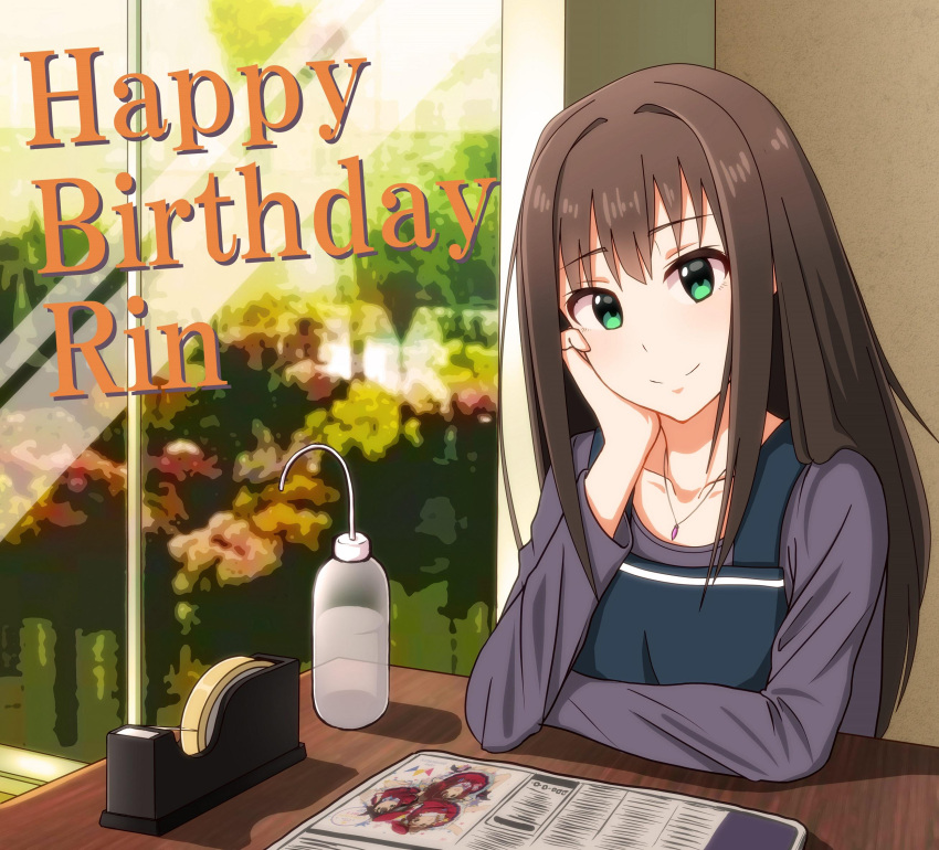 1girl apron blue_apron bottle brown_hair character_name commentary_request desk green_eyes happy_birthday head_rest highres idolmaster idolmaster_cinderella_girls indoors jewelry keffiy lighting long_hair long_sleeves looking_at_viewer magazine necklace pendant shadow shibuya_rin smile solo tape window