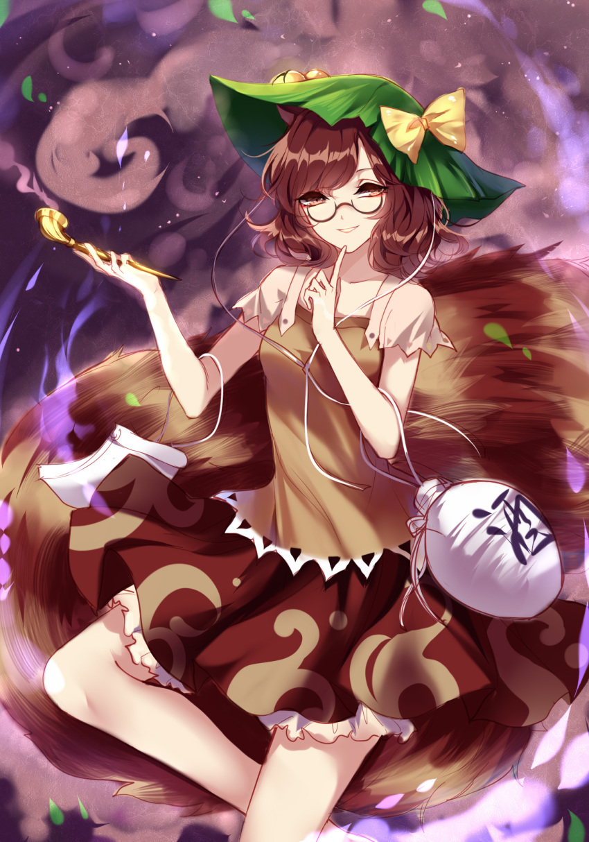 1girl animal_ears bangs bell bow breasts brown_shirt brown_skirt collarbone cowboy_shot futatsuiwa_mamizou glasses gourd hat hat_bow highres index_finger_raised jingle_bell kiseru leaf leaf_on_head looking_at_viewer parted_lips pince-nez pipe raccoon_ears raccoon_tail sheya shirt skirt small_breasts smile solo swept_bangs tail touhou yellow_bow