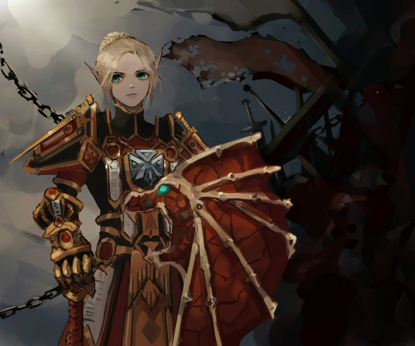 1girl armor blonde_hair blood_elf chain elf gauntlets gold_trim green_eyes highres judgement_armor paladin pauldrons pointy_ears serious shield shoulder_armor warcraft weapon world_of_warcraft