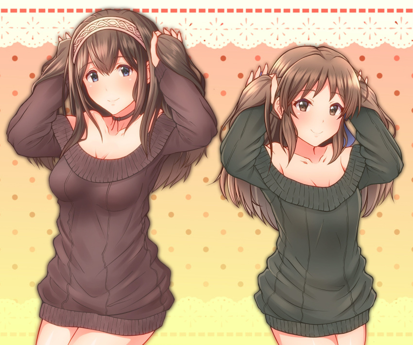 2girls absurdres arms_up bare_shoulders black_sweater blue_eyes blush bow breasts brown_eyes brown_hair brown_sweater choker cleavage collarbone commentary_request gradient gradient_background hair_bow hairband highres holding holding_hair idolmaster idolmaster_cinderella_girls keffiy long_hair looking_at_viewer medium_breasts multiple_girls off_shoulder orange_background polka_dot polka_dot_background ribbed_sweater sagisawa_fumika sidelocks small_breasts smile sweater tachibana_arisu thighs twintails wide_collar