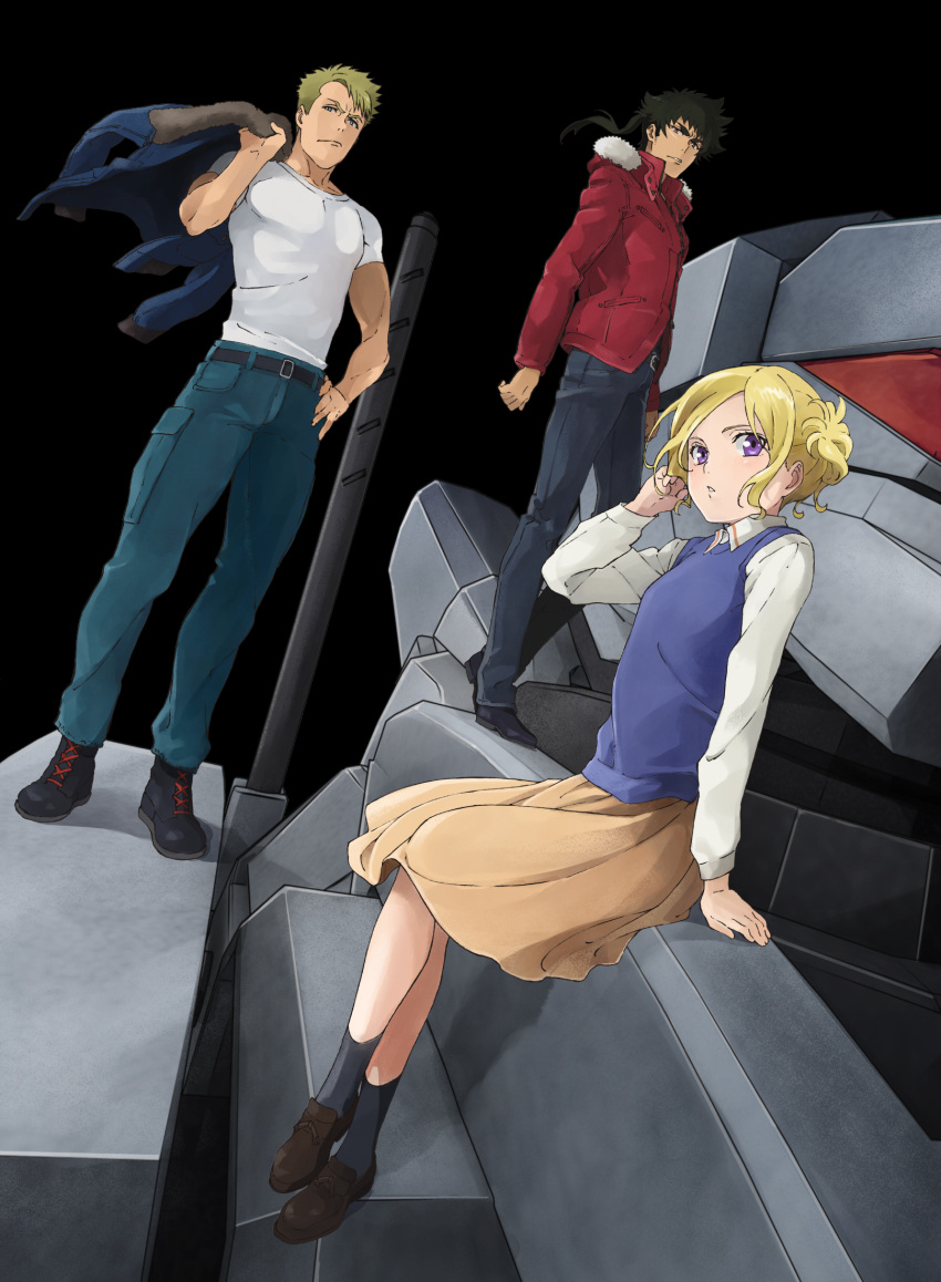 1girl 2boys arm_support belt black_background black_boots black_hair black_legwear black_pants blonde_hair blue_jacket blue_pants blue_sweater boots dutch_angle full_body green_hair hand_in_hair highres holding_jacket jacket jacket_removed kuromukuro long_hair mecha multiple_boys orange_skirt ouma_kennosuke_tokisada pants red_jacket shirt short_hair short_sleeves simple_background sitting skirt socks sophie_noel standing sweater tom_borden very_short_hair violet_eyes white_shirt