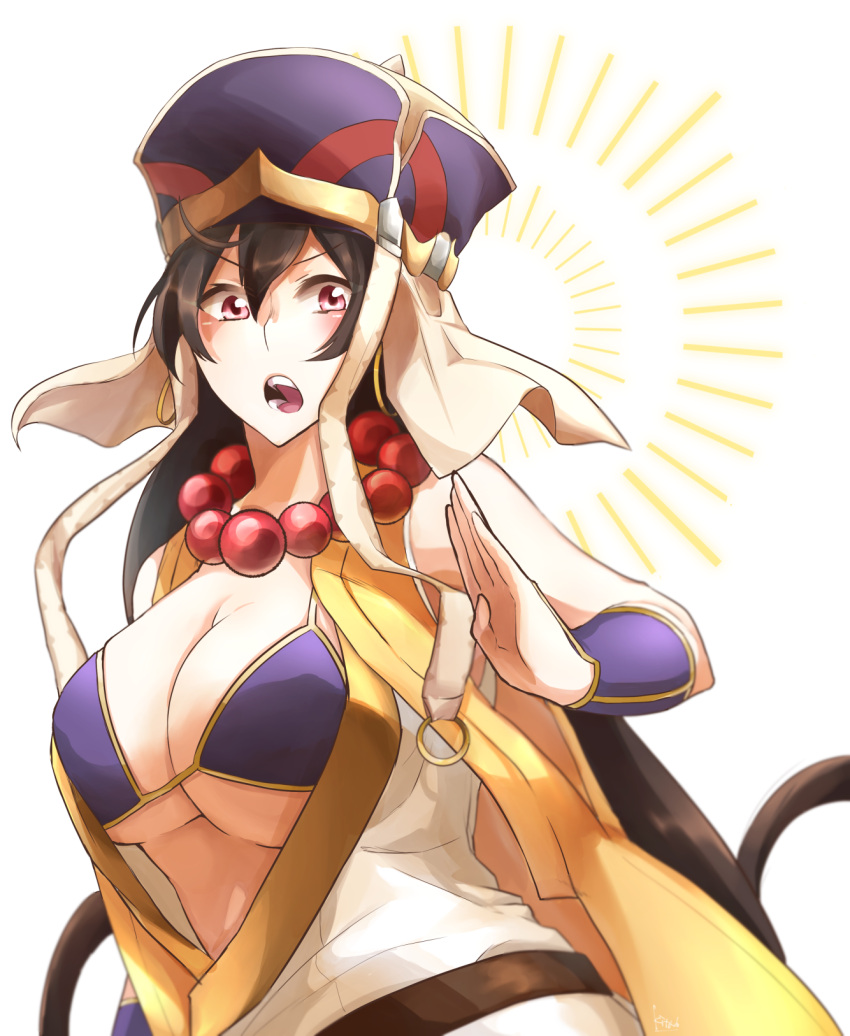 1girl akaji_(alpha0107) beads bikini_top black_hair blush breasts cleavage earrings fate/grand_order fate_(series) hat highres jewelry large_breasts long_hair necklace prayer_beads solo xuanzang_(fate/grand_order)