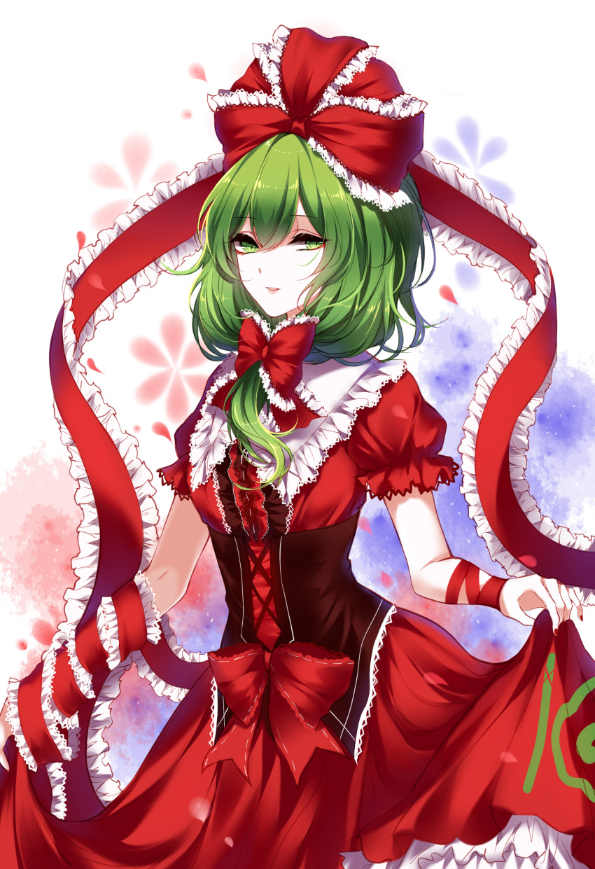 1girl absurdres arm_ribbon bow dress frills front_ponytail green_eyes green_hair hair_bow hair_ribbon highres kagiyama_hina looking_at_viewer red_dress ribbon sheya smile solo touhou