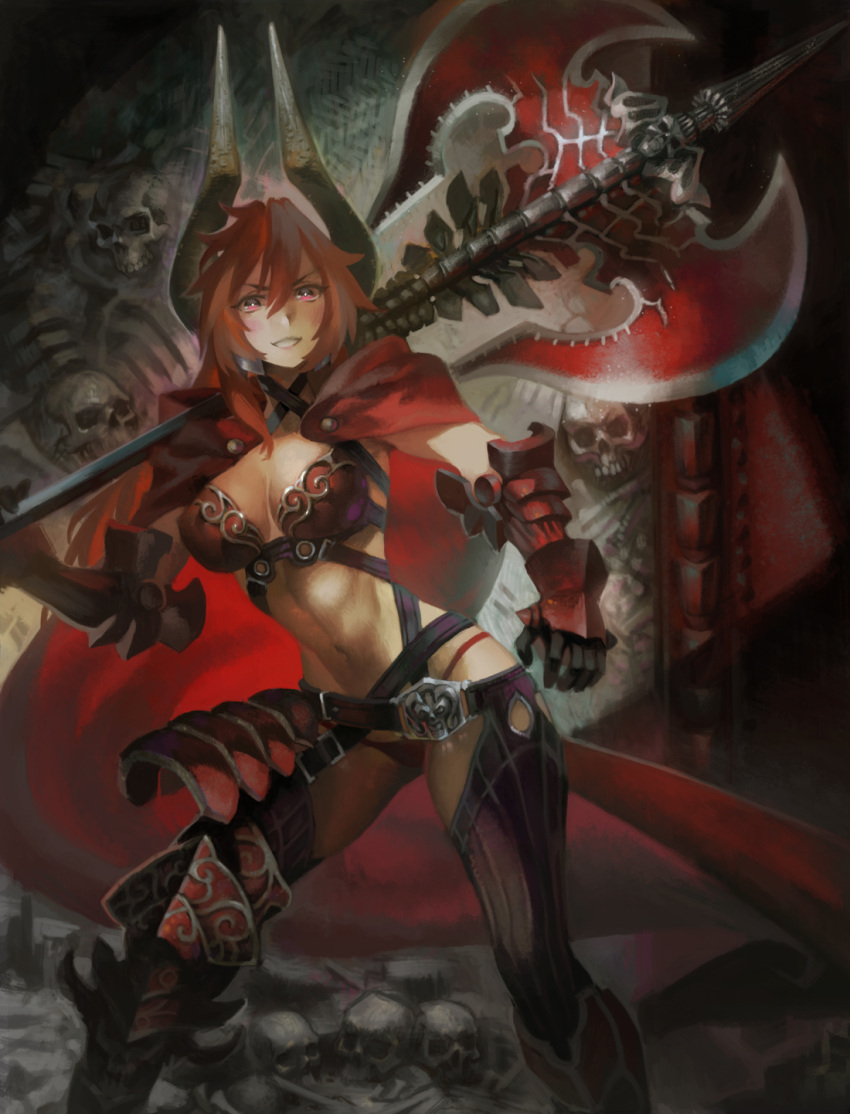 1girl axe belt boots breasts cleavage demon_girl demon_horns gloves highres horns large_breasts long_hair navel redhead satan_(the_seven_deadly_sins) skull solo the_seven_deadly_sins thigh-highs visqi weapon