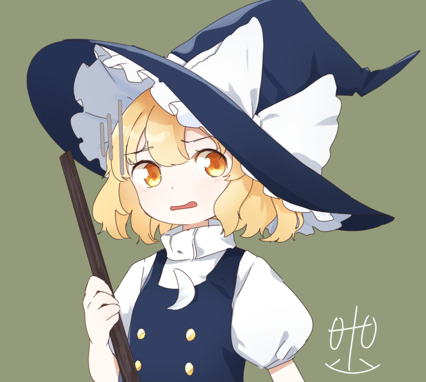 1girl abukawa_honpo blonde_hair broom crescent crescent_moon_pin d: hat highres kirisame_marisa legacy_of_lunatic_kingdom looking_at_viewer open_mouth puffy_short_sleeves puffy_sleeves short_hair short_sleeves signature solo touhou witch_hat yellow_eyes