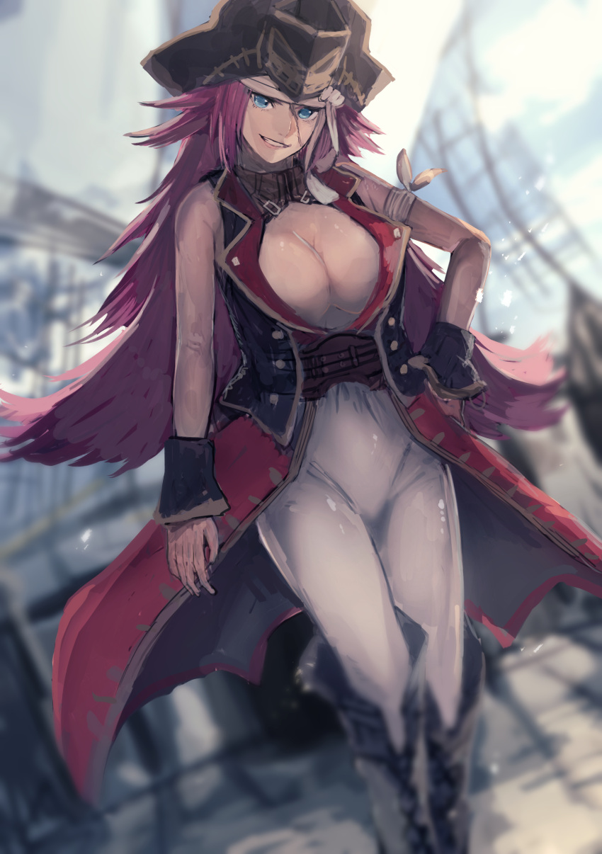 1girl absurdres bare_shoulders blue_eyes blurry blurry_background boots breasts commentary_request corset cross-laced_footwear day facial_scar fate/extra fate/grand_order fate_(series) hat headband highres knee_boots kumamoto_nomii-kun lace-up_boots large_breasts long_hair military military_uniform outdoors pink_hair pirate_hat rider_(fate/extra) scar ship sky sleeveless solo uniform very_long_hair watercraft wrist_cuffs