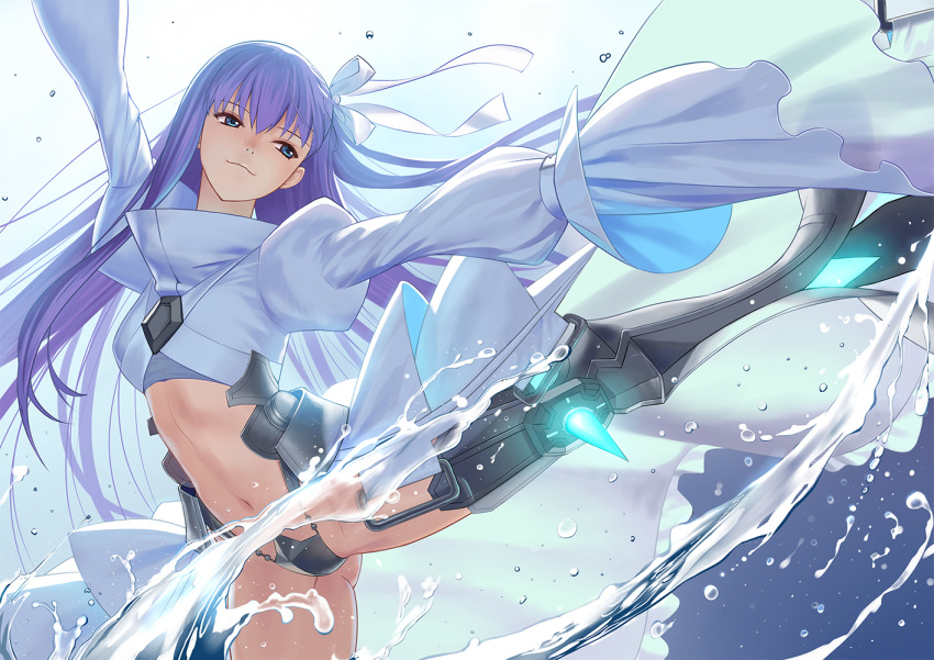 1girl armor armored_boots blue_eyes boots crotch_plate fate/extra fate/extra_ccc fate/grand_order fate_(series) hair_ribbon long_hair long_sleeves meltlilith navel purple_hair revealing_clothes revision ribbon solo tsukikanade very_long_hair water