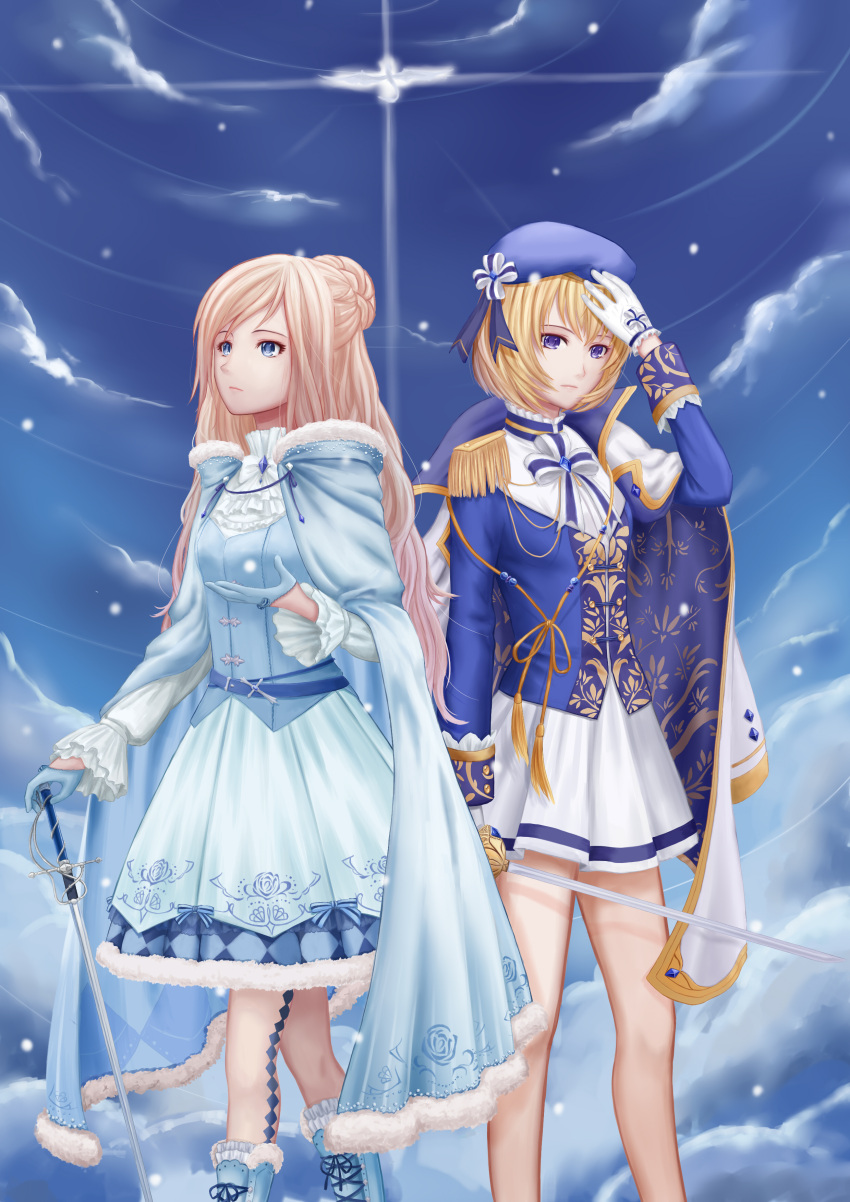 2girls absurdres blonde_hair blue_boots blue_eyes blue_gloves blue_hat boots character_request commentary_request gloves hat highres holding holding_sword holding_weapon knee_boots long_hair long_sleeves looking_at_viewer looking_away miracle_nikki multiple_girls short_hair sword weapon white_gloves xing_muhen